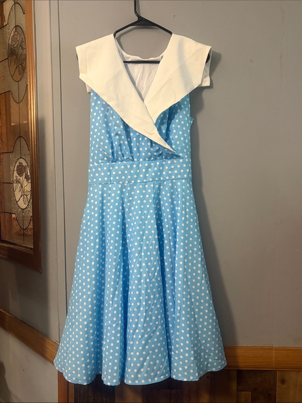 Polka Dot Light Blue Midi Dress with White Sailor Collar